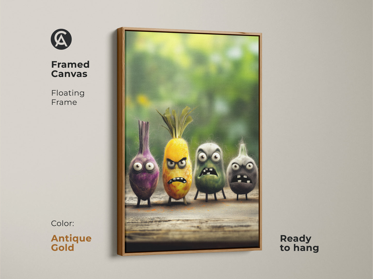 Antique gold framed canvas with quirky food characters artwork. It's funny onion and pineapple wall decor that looks great. It is cartoon kitchen art that stands out. A unique gift for foodies and chefs. Ready to hang.