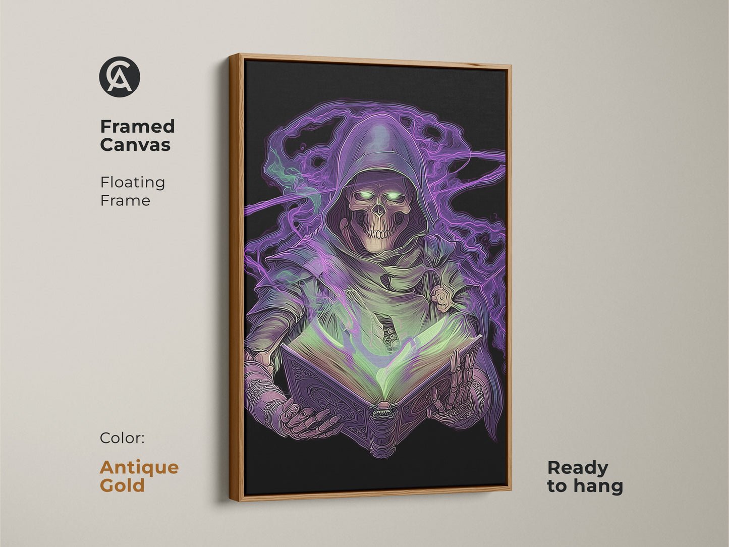 Framed canvas displaying neon purple Grim Reaper art. Gothic skeleton is absorbed in a spellbook. Antique gold floating frame adds to the dark fantasy wall art. Ready to hang for eclectic gamer room decor. Great haunted book art print
