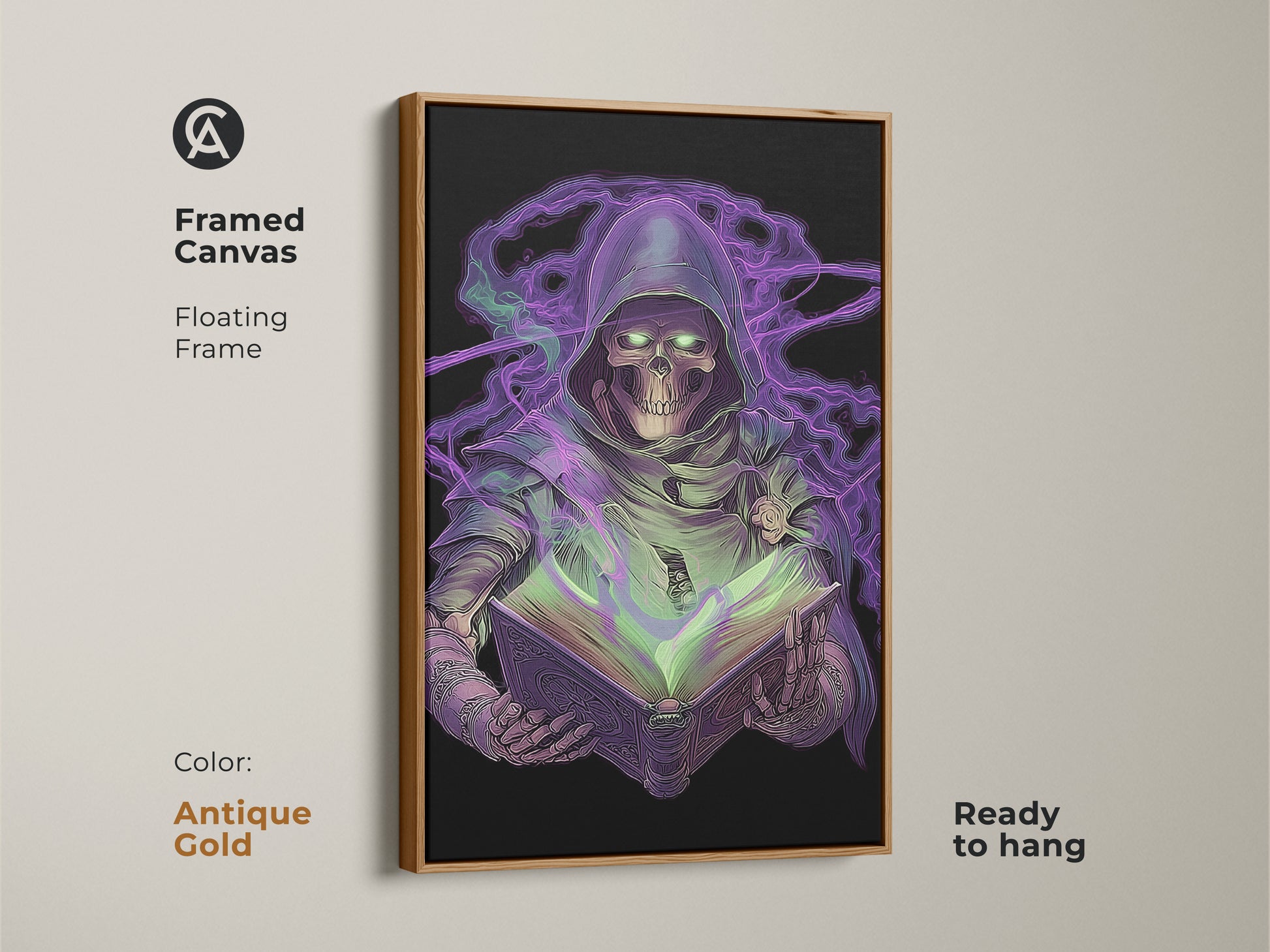 Framed canvas displaying neon purple Grim Reaper art. Gothic skeleton is absorbed in a spellbook. Antique gold floating frame adds to the dark fantasy wall art. Ready to hang for eclectic gamer room decor. Great haunted book art print