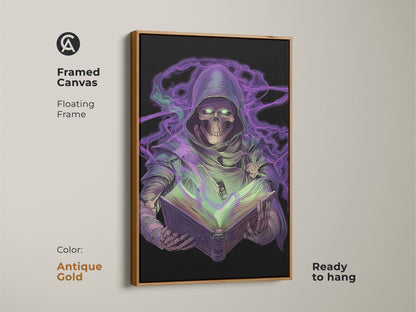 Framed canvas displaying neon purple Grim Reaper art. Gothic skeleton is absorbed in a spellbook. Antique gold floating frame adds to the dark fantasy wall art. Ready to hang for eclectic gamer room decor. Great haunted book art print