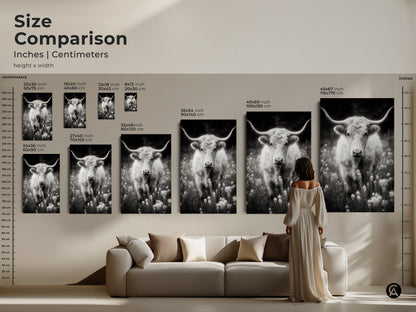 Size comparison of longhorn artwork. See how different sizes look above a sofa. Artwork includes 12x18 inch and 45x67 inch options. Each artwork showcases a black and white photograph of a longhorn.