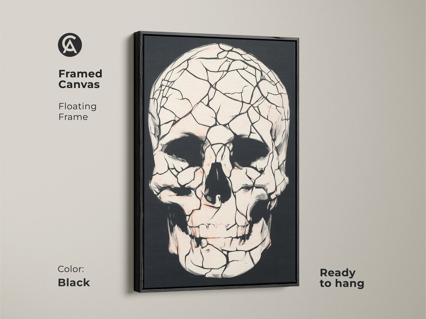 Framed canvas art featuring a black floating frame and a gothic cracked skull. Macabre skull art is ready to hang adding dark academia style. This black red and white artwork is a perfect Halloween art gift. Enhance your space today.