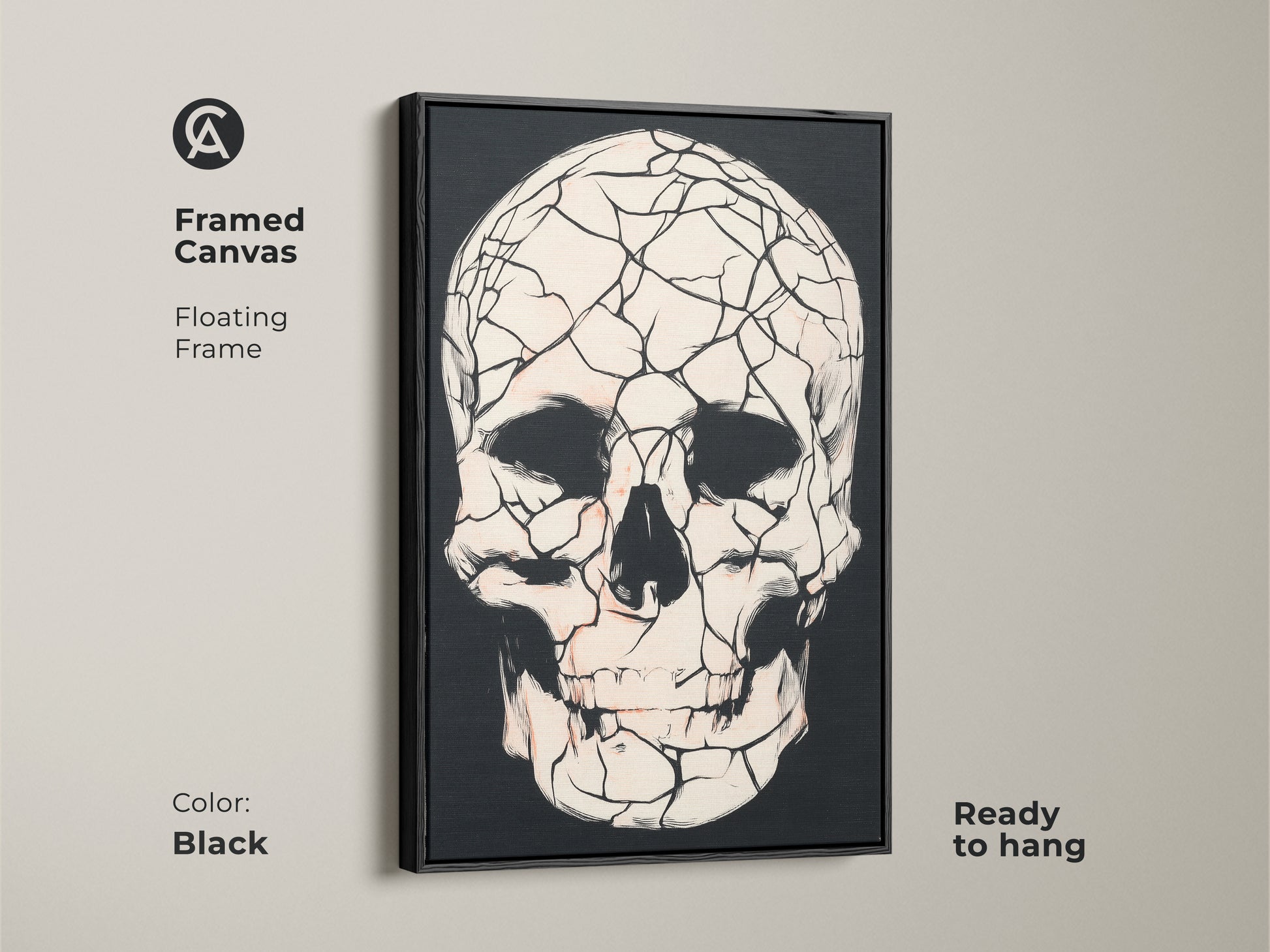 Framed canvas art featuring a black floating frame and a gothic cracked skull. Macabre skull art is ready to hang adding dark academia style. This black red and white artwork is a perfect Halloween art gift. Enhance your space today.