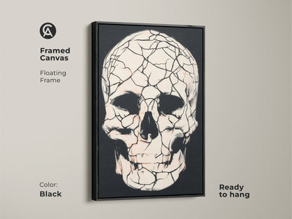 Framed canvas art featuring a black floating frame and a gothic cracked skull. Macabre skull art is ready to hang adding dark academia style. This black red and white artwork is a perfect Halloween art gift. Enhance your space today.
