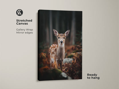 Close-up of a fawn in forest canvas art. This stretched canvas features gallery wrapped edges. Ready to hang this wildlife decor adds a touch of nature. Ideal housewarming gift for animal lovers.