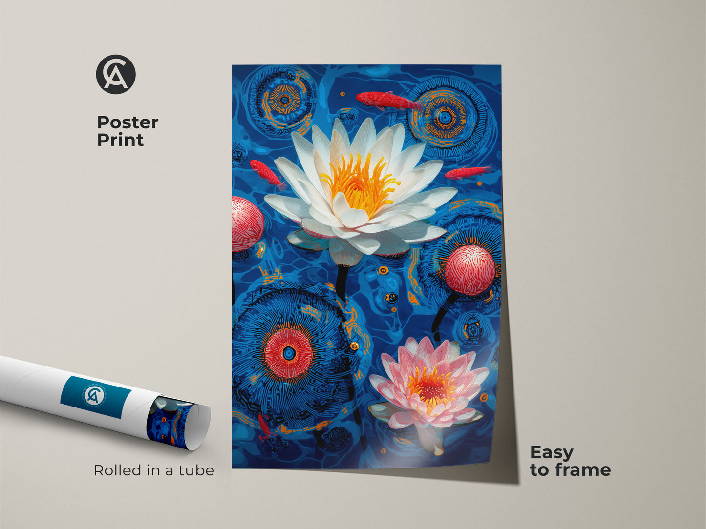 Poster print of surreal Modern Folk Botanical art with water lily and koi fish theme. The deep blue backdrop and orange red accents create a visually stunning piece. Easy to frame this botanical print is perfect for adding an eclectic touch to your walls a unique gift.