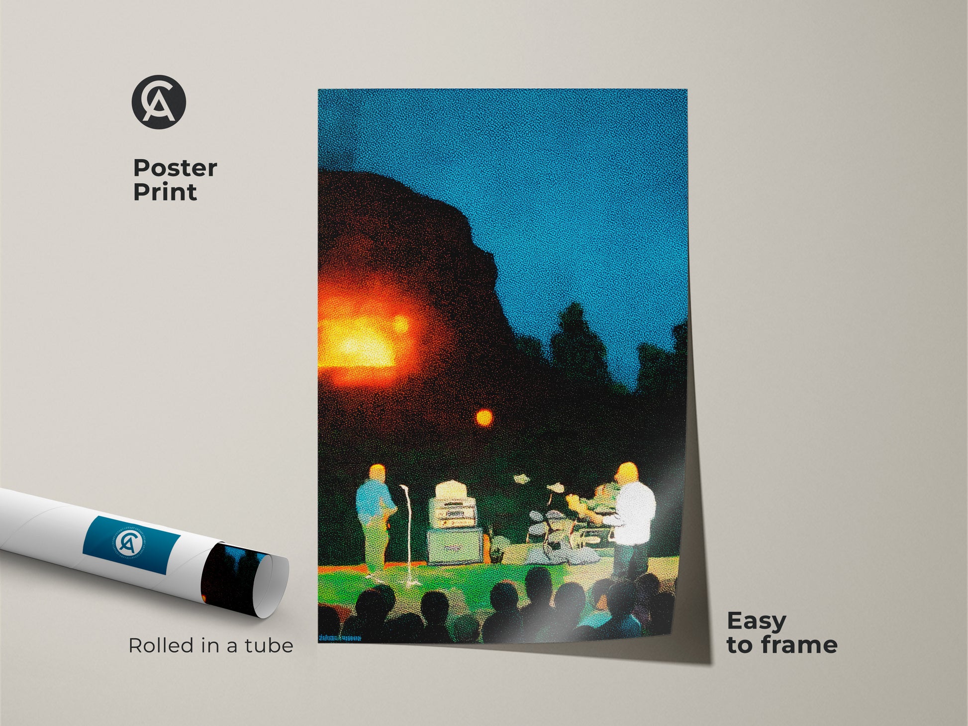 This museum-quality poster print displays a pointillism concert scene. The eclectic blue orange and green hues make it a unique artwork. The live music scene is easy to frame. A perfect birthday gift for musicians this stipple artwork will be enjoyed.