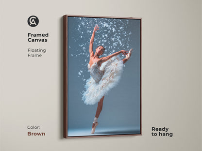 Framed canvas art featuring a ballerina. She is wearing a white tutu. She is en pointe with one leg extended. White feathers accent the artwork. The floating frame is brown. This beautiful ballet art is ready to hang.