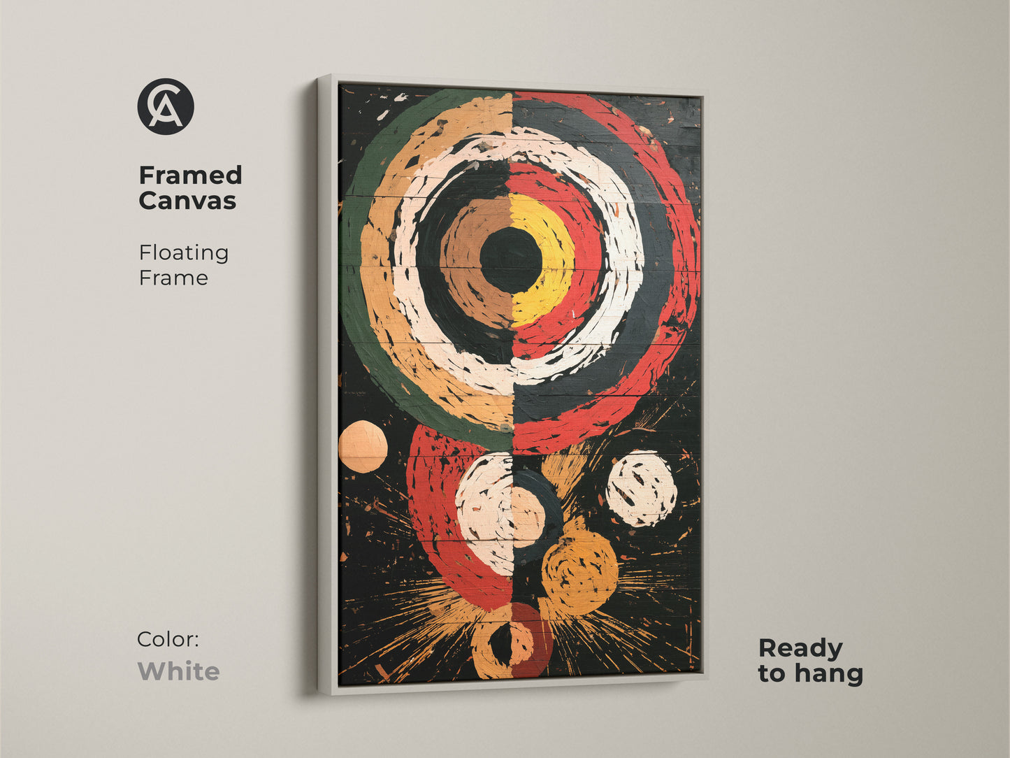 Framed white canvas featuring a Retro Abstract Geometric art print. This piece of office wall art showcases concentric circles and explosion shapes in red black and white. It's a mid-century modern artwork ready to hang with a floating frame. An ideal retro style canvas for any room.