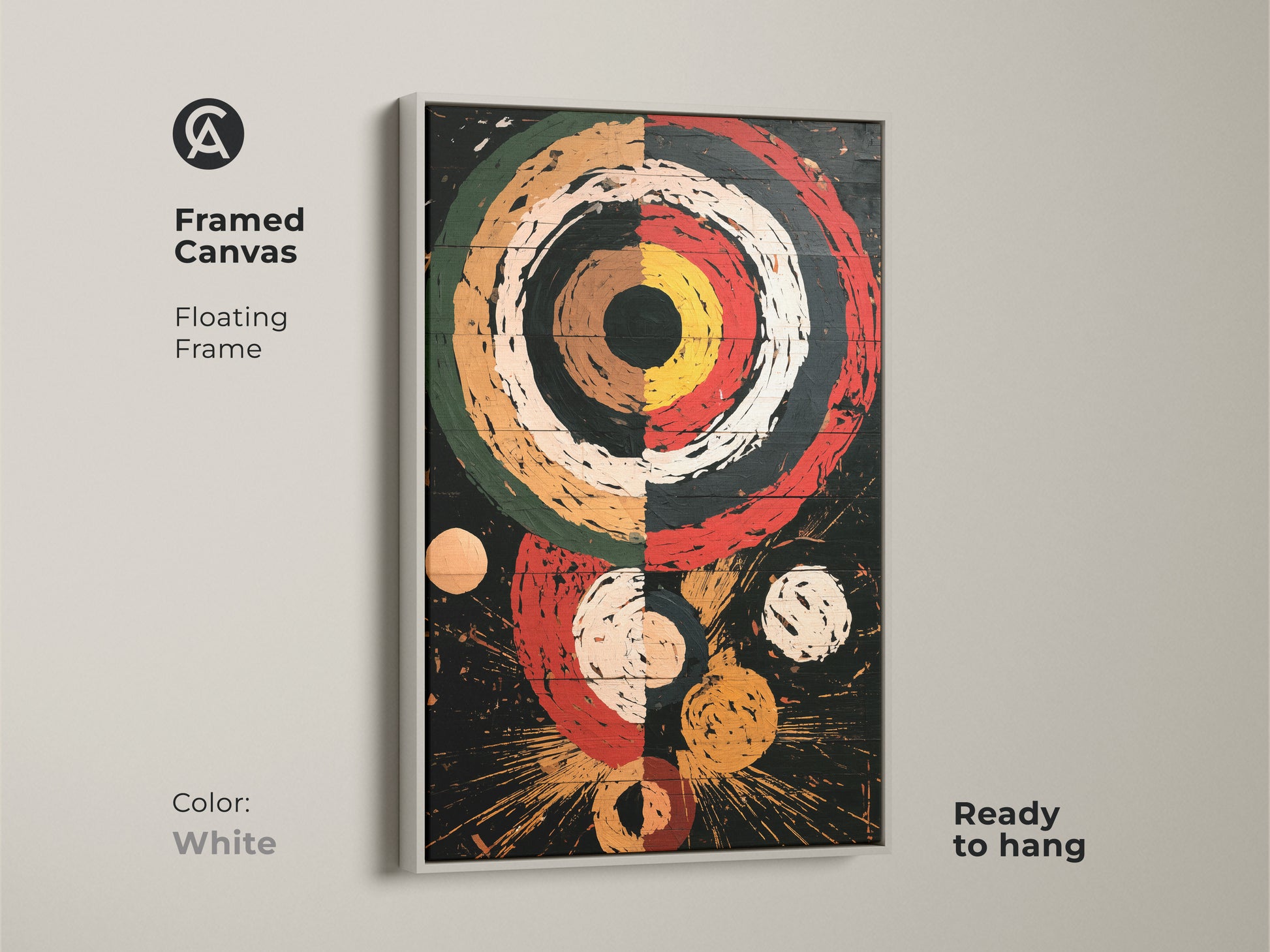 Framed white canvas featuring a Retro Abstract Geometric art print. This piece of office wall art showcases concentric circles and explosion shapes in red black and white. It's a mid-century modern artwork ready to hang with a floating frame. An ideal retro style canvas for any room.