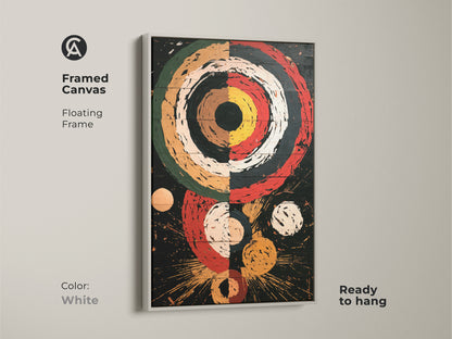 Framed white canvas featuring a Retro Abstract Geometric art print. This piece of office wall art showcases concentric circles and explosion shapes in red black and white. It's a mid-century modern artwork ready to hang with a floating frame. An ideal retro style canvas for any room.