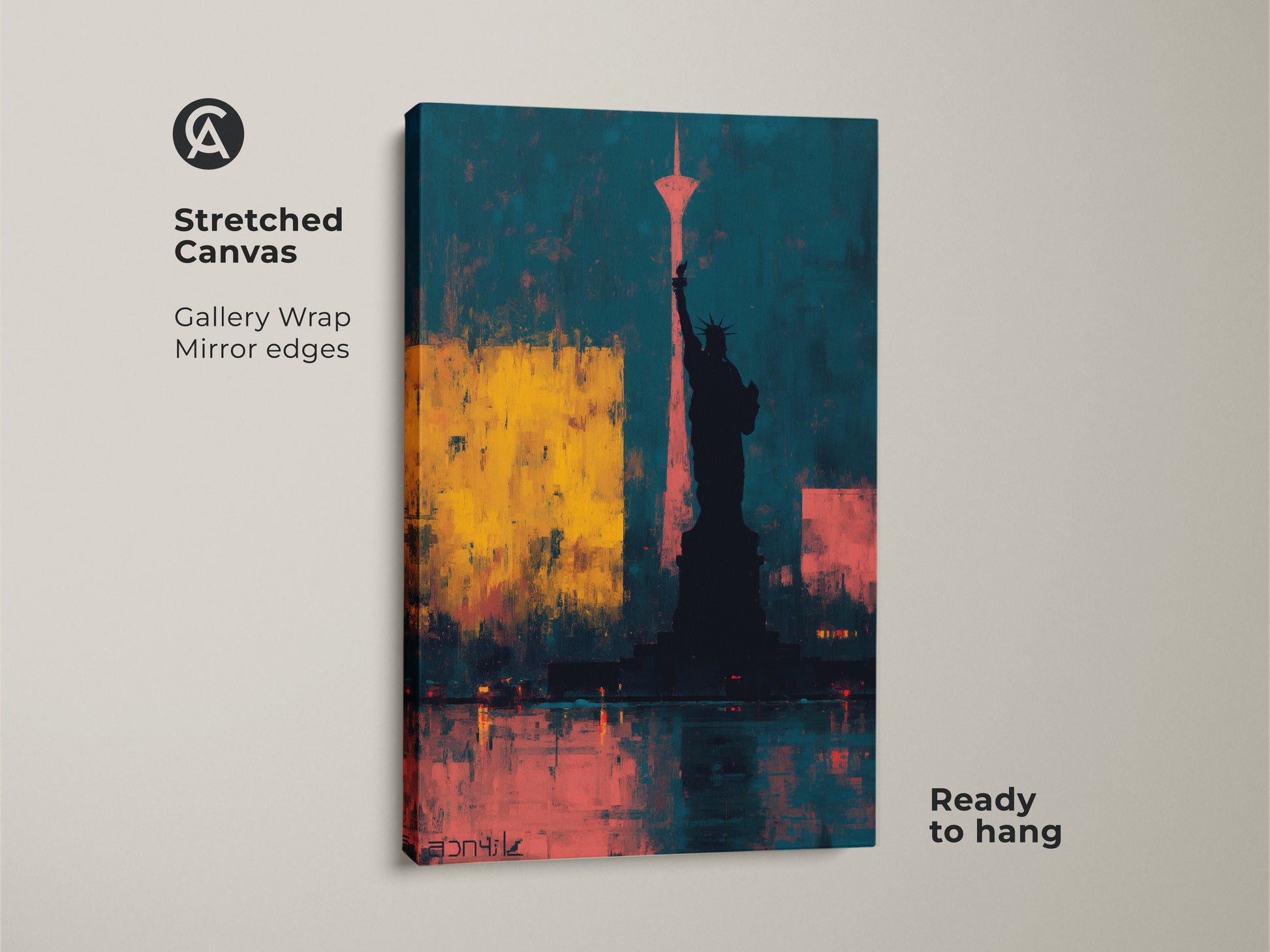 Stretched canvas featuring an abstract Statue of Liberty. Teal yellow and coral cityscape art offers mirror edges and is ready to hang. Perfect modern office art or home decor.