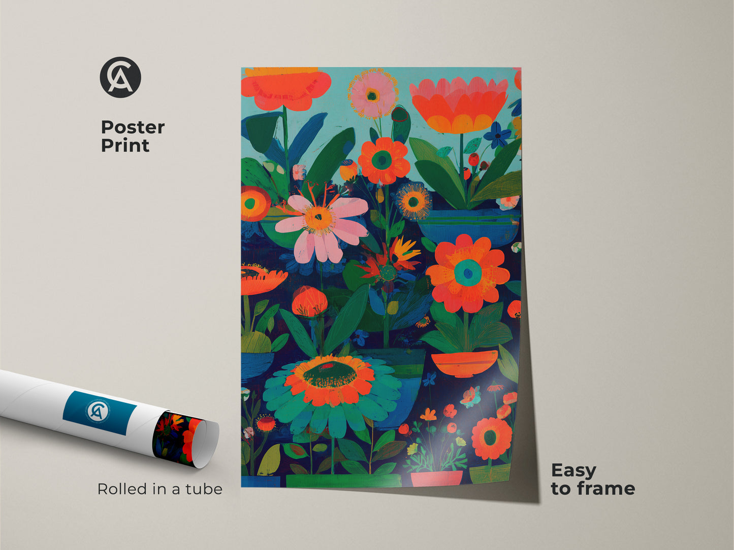 Poster print of vibrant abstract floral artwork rolled in a tube. This boho botanical art print features dark blue orange and teal hues. Easy to frame this modern folk art is a perfect housewarming gift. Ideal plant lover gift idea.