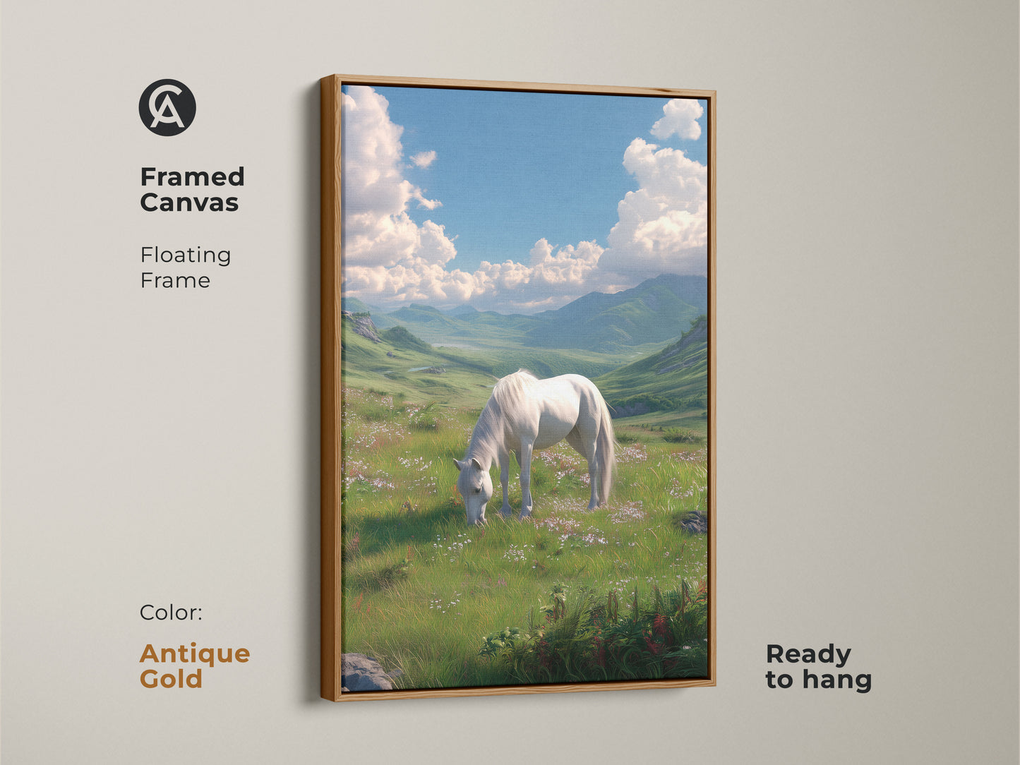 Framed canvas artwork showcasing a white horse grazing in a field. The antique gold floating frame adds a touch of sophistication. This horse landscape art is ready to hang. Perfect for adding a classic touch to your space.