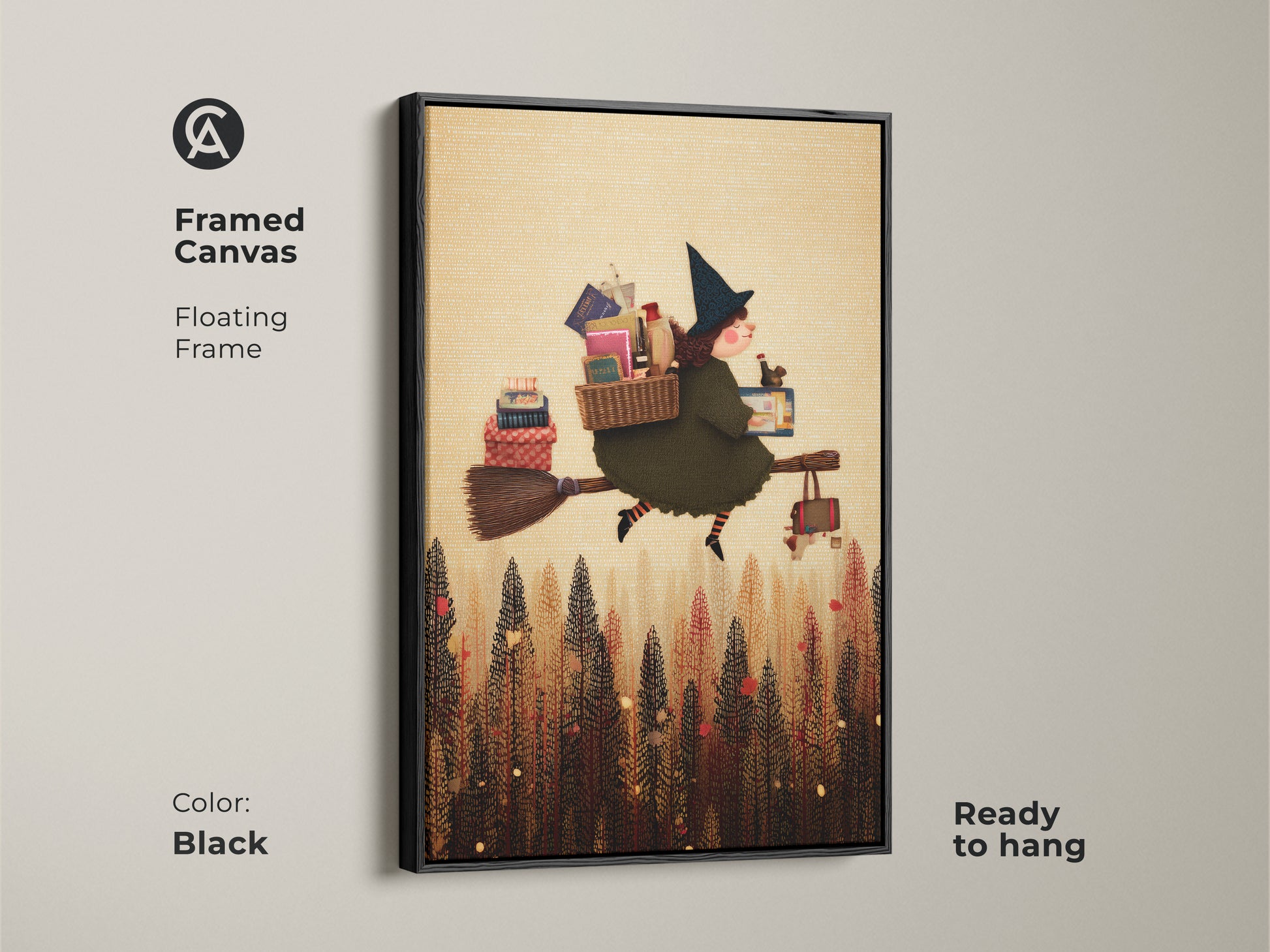Framed Canvas featuring a Folk Art Witch carrying books on a broomstick. Great for Kids Room Wall Art or Halloween Decor Art. Eclectic Forest Artwork with an Olive Green touch. Ready to hang in Black Frame.