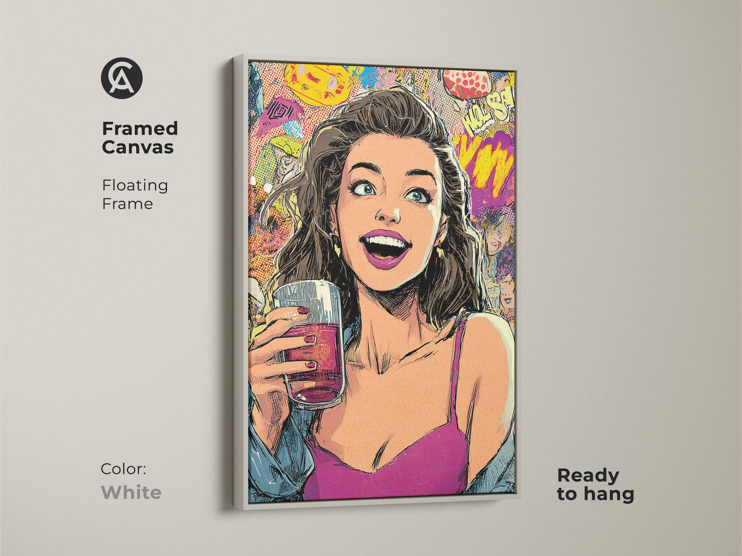 Framed canvas of a woman drinking in pop art style with a white floating frame. Retro comic book wall art for an eclectic bedroom. Magenta blue and yellow colors. The canvas is ready to hang and adds a vibrant pop to your walls.