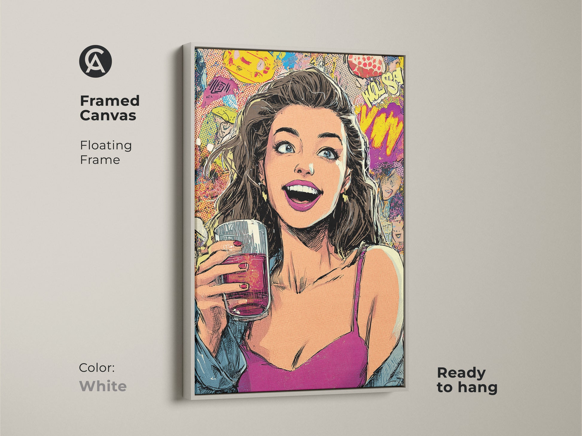 Framed canvas of a woman drinking in pop art style with a white floating frame. Retro comic book wall art for an eclectic bedroom. Magenta blue and yellow colors. The canvas is ready to hang and adds a vibrant pop to your walls.