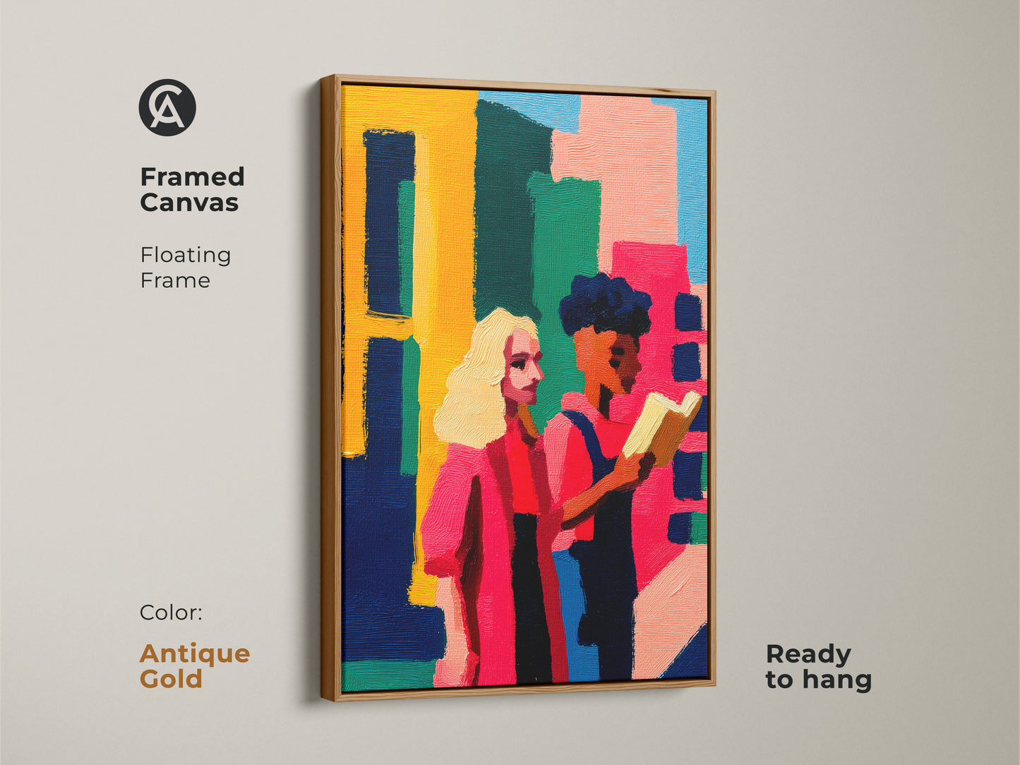 Framed canvas in antique gold. It features people reading in abstract style. The floating frame enhances this ready to hang artwork. This modern folk art print will complement any study room wall art or office wall decor.