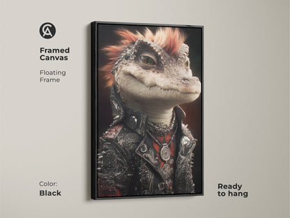 Framed canvas featuring the punk alligator art. The floating frame is black ready to hang. This music lover piece fits any room. It's gothic reptile wall art. The alternative reptile print adds an edgy touch. This unique piece is perfect for a rocker.