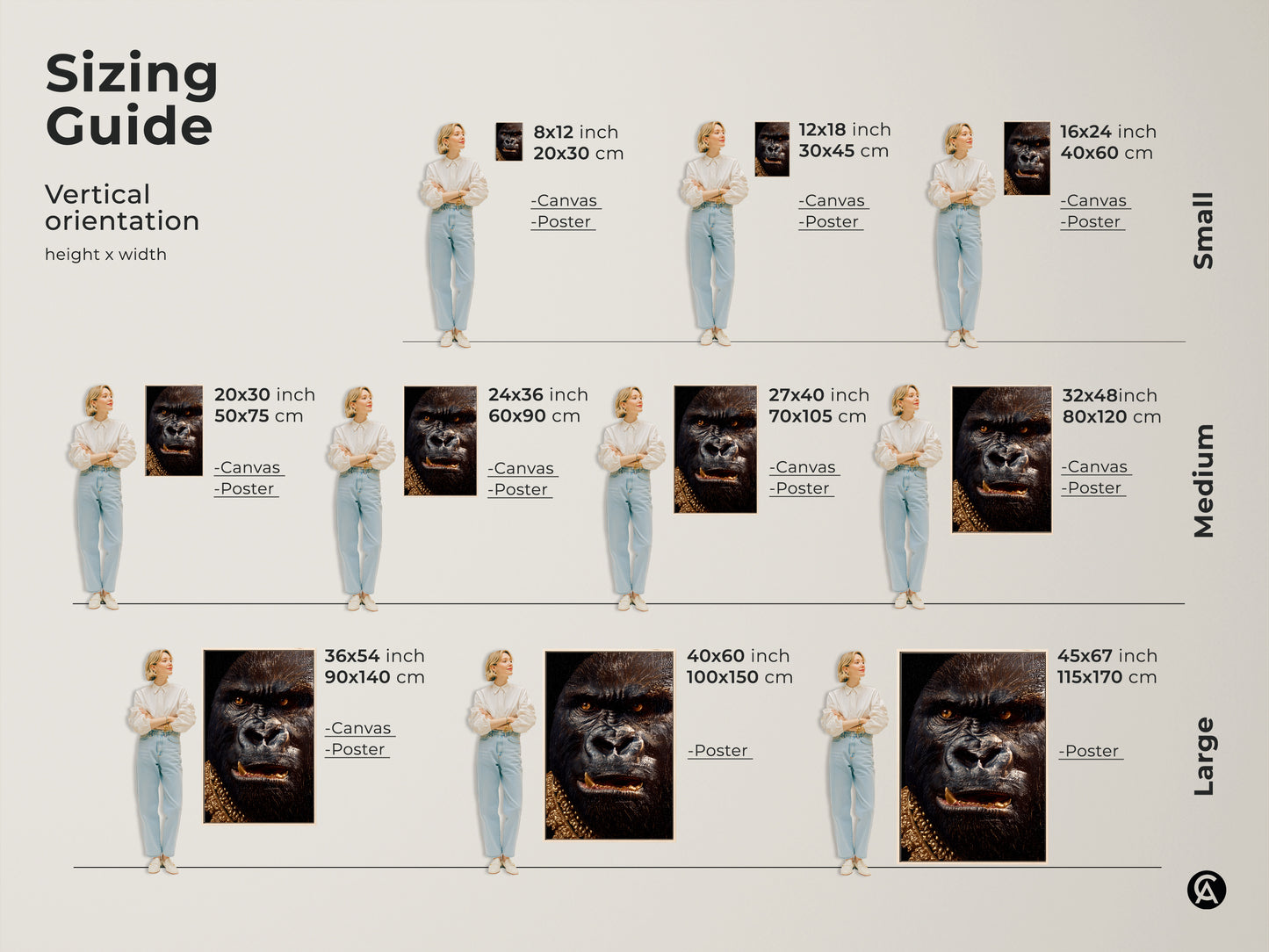 Sizing guide for vertical artwork. This gorilla art is available in small medium and large sizes. Find the perfect size for your home. Canvas and poster options are available. Shop now.