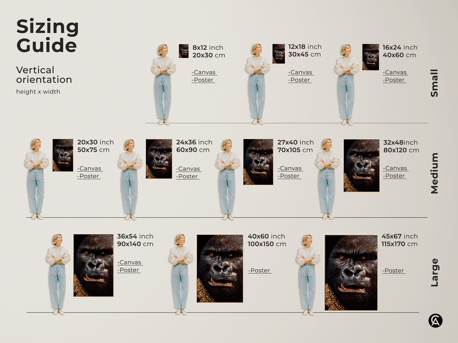 Sizing guide for vertical artwork. This gorilla art is available in small medium and large sizes. Find the perfect size for your home. Canvas and poster options are available. Shop now.