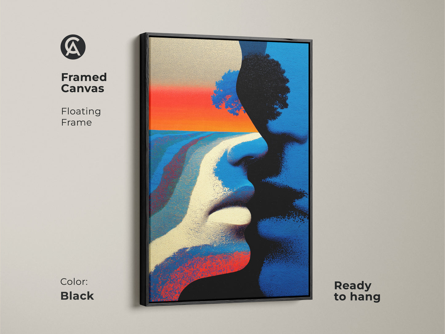 Framed canvas art displaying an abstract couple faces artwork. The artwork features a blue red orange tree landscape. This modern artwork is set in a brown floating frame. This is ready to hang.