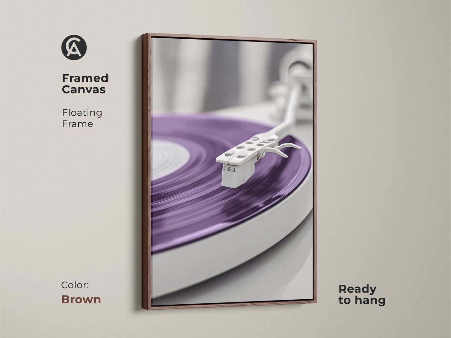 Brown framed canvas print featuring a purple vinyl record. This abstract turntable artwork offers a minimalist mid-century modern aesthetic. Ideal for a music room or home office wall. A great gift for music lovers and record collectors. The floating frame enhances the modern art.