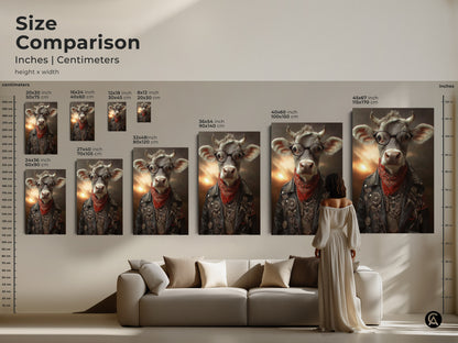 Size Comparison See how each size of cow biker canvas art fits in a room setting. This funny cow wall art makes a bold eclectic statement in a living room or man cave.