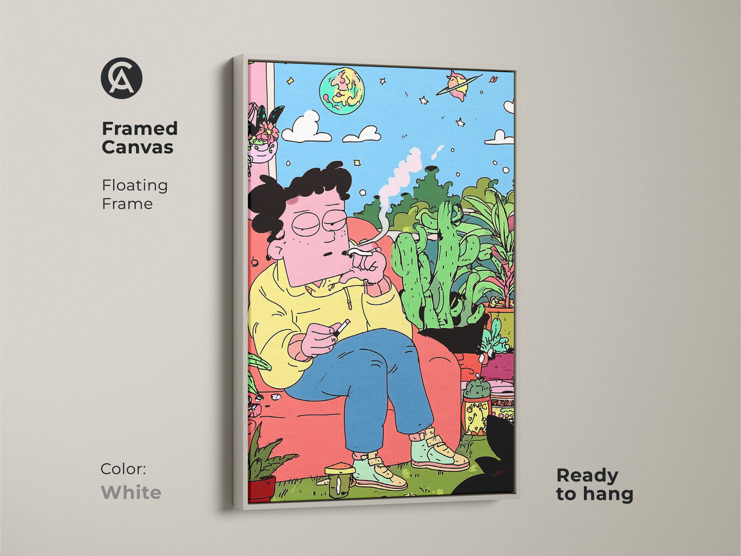 Framed canvas art with a floating frame in white. This artwork displays a person relaxing indoors surrounded by plants smoking. The framed canvas is ready to hang. It offers a clean look to any room. The white frame provides a fresh contrast to the art.