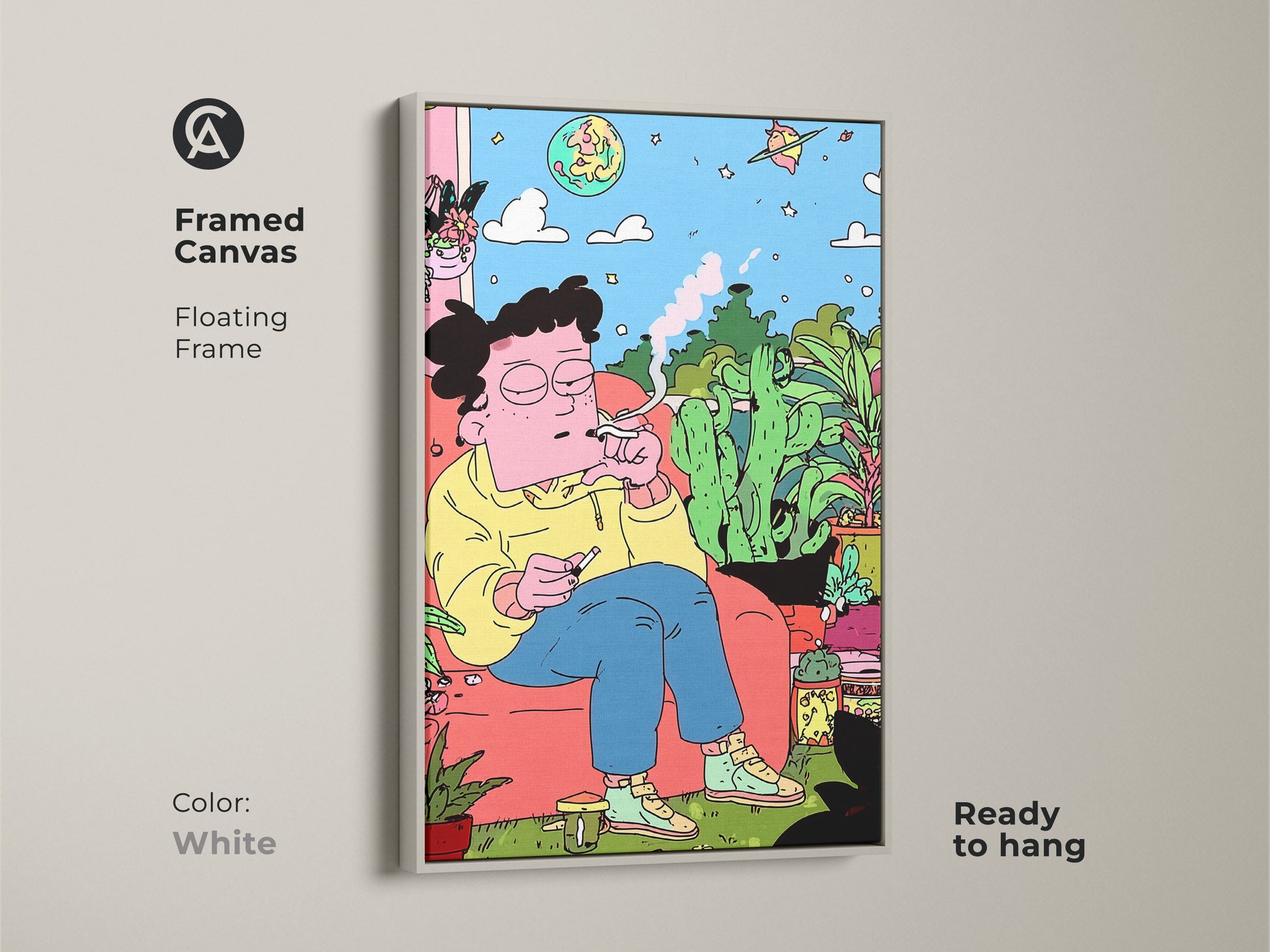 Framed canvas art with a floating frame in white. This artwork displays a person relaxing indoors surrounded by plants smoking. The framed canvas is ready to hang. It offers a clean look to any room. The white frame provides a fresh contrast to the art.