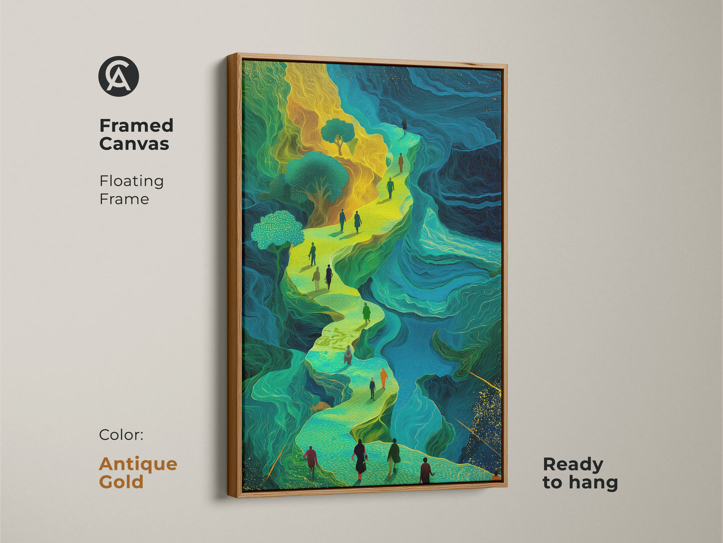 This framed canvas features a surreal fantasy landscape with figures on a winding road. Antique gold floating frame complements the emerald green and golden yellow hues. This abstract art is ready to hang. Perfect for adding an eclectic and imaginative touch to a study room or office.