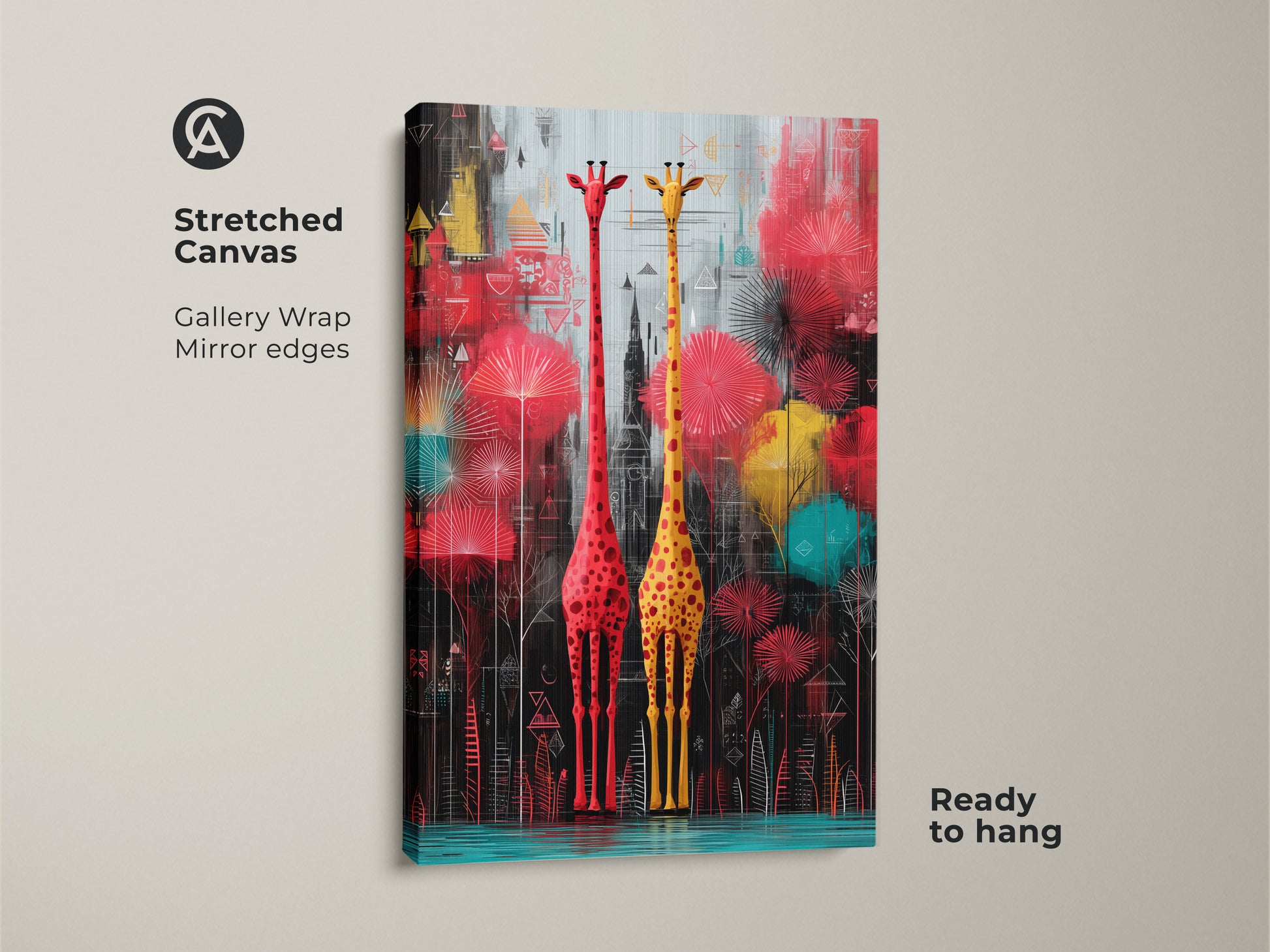 Stretched canvas wall art of abstract giraffes. This gallery wrapped canvas features red and yellow giraffes in a geometric style. Ready to hang art for living rooms and bedrooms.