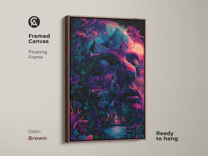 Framed canvas with a floating brown frame. The psychedelic face artwork blends nature and surreal imagery. The warm brown frame enhances the vibrant colors. It is ready to hang and elevate your home decor. Perfect for adding a unique touch.