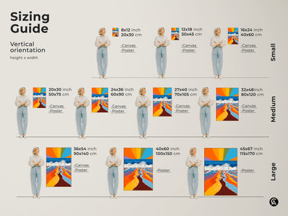 Vertical sizing guide displays abstract rainbow waves. Art sizes range from small to large canvas or poster. Each size shows a person for scale and context in the room.