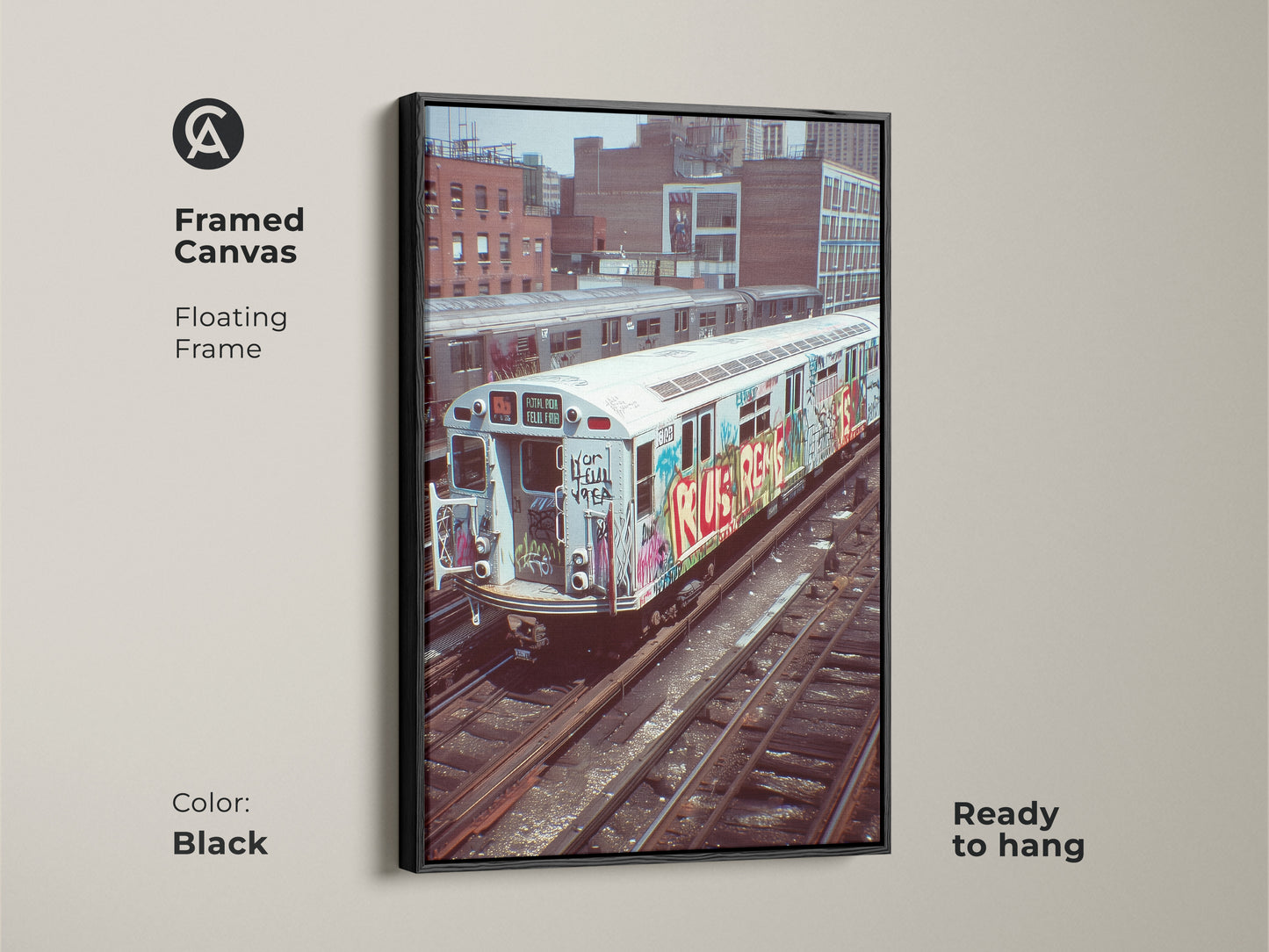 Black framed canvas of a graffiti subway train. This urban street artwork is ready to hang. The industrial loft style wall decor offers a cityscape view. A great gift for hip hop fans art collectors.