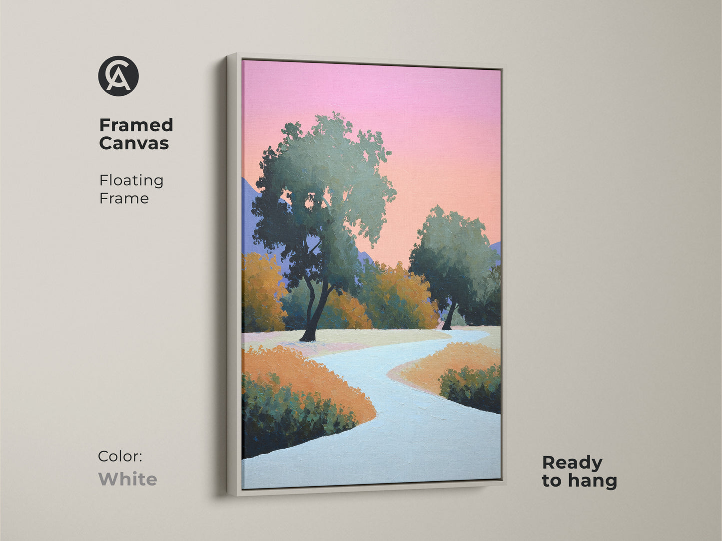 White framed canvas showcasing a modern abstract landscape. Contemporary trees wall art with a floating frame is displayed. The pink and orange sky artwork compliments the modern nature scene. Ready to hang stylized nature painting.