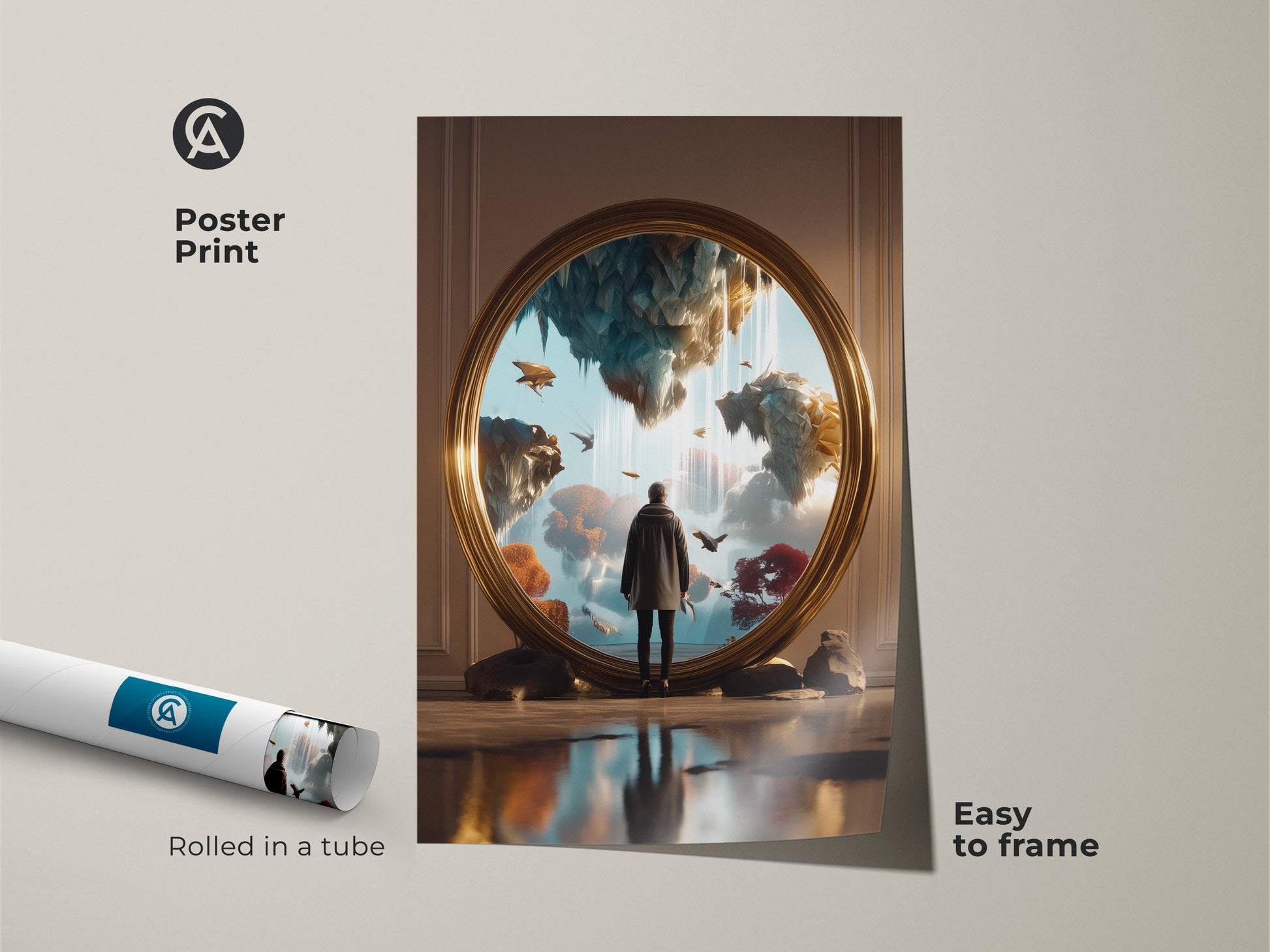 Poster Print of surreal floating islands art. This piece is rolled in a tube for easy framing. Fantasy art perfect for bedroom aesthetic. Gold teal blue wall art adds an eclectic touch. A dreamer gift idea for surrealism lovers.