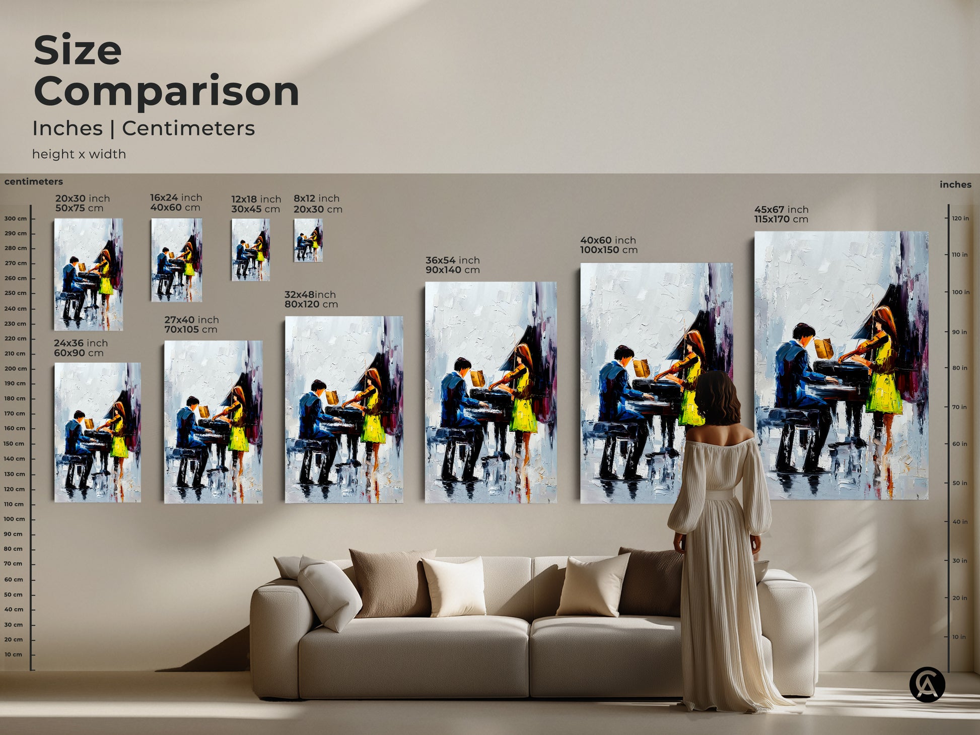 Compare sizes of our impressionist piano artwork featuring a violinist in inches and centimeters. Choose the ideal dimensions for your blue green music art displaying contemporary figures. Find modern musical artwork for your living space. It is a perfect gift for any music lover.