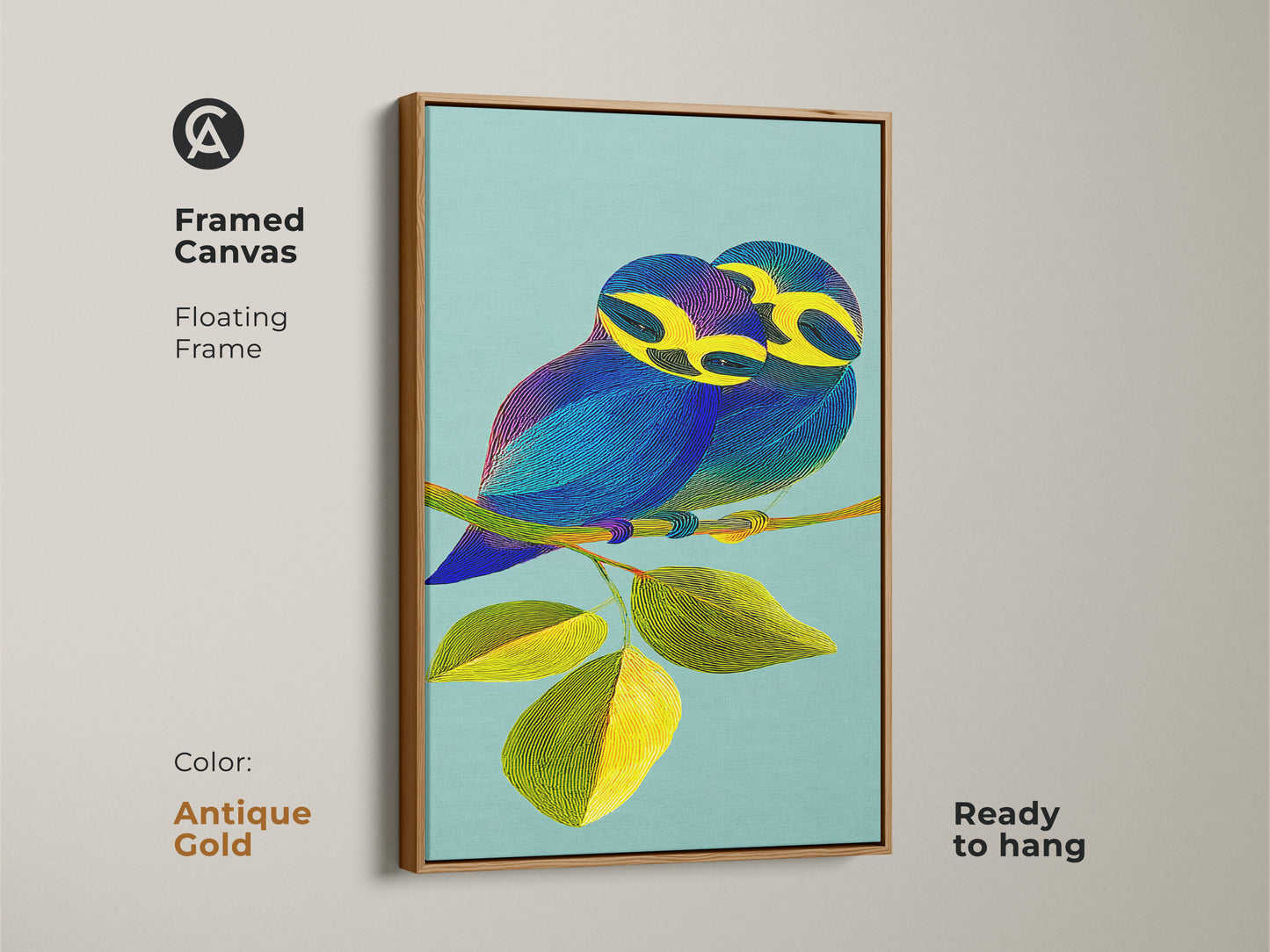 Framed in antique gold this canvas print showcases a line art bird couple with refined elegance. Ideal for adding a sophisticated touch to your walls this unique bird artwork is ready to hang. The teal background and vibrant yellow leaves highlight the blue and purple tones of this contemporary animal art print.