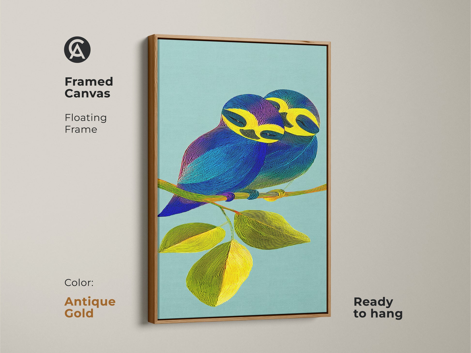 Framed in antique gold this canvas print showcases a line art bird couple with refined elegance. Ideal for adding a sophisticated touch to your walls this unique bird artwork is ready to hang. The teal background and vibrant yellow leaves highlight the blue and purple tones of this contemporary animal art print.