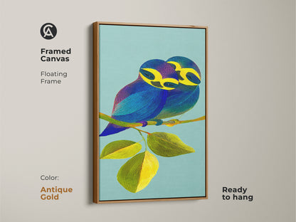 Framed in antique gold this canvas print showcases a line art bird couple with refined elegance. Ideal for adding a sophisticated touch to your walls this unique bird artwork is ready to hang. The teal background and vibrant yellow leaves highlight the blue and purple tones of this contemporary animal art print.
