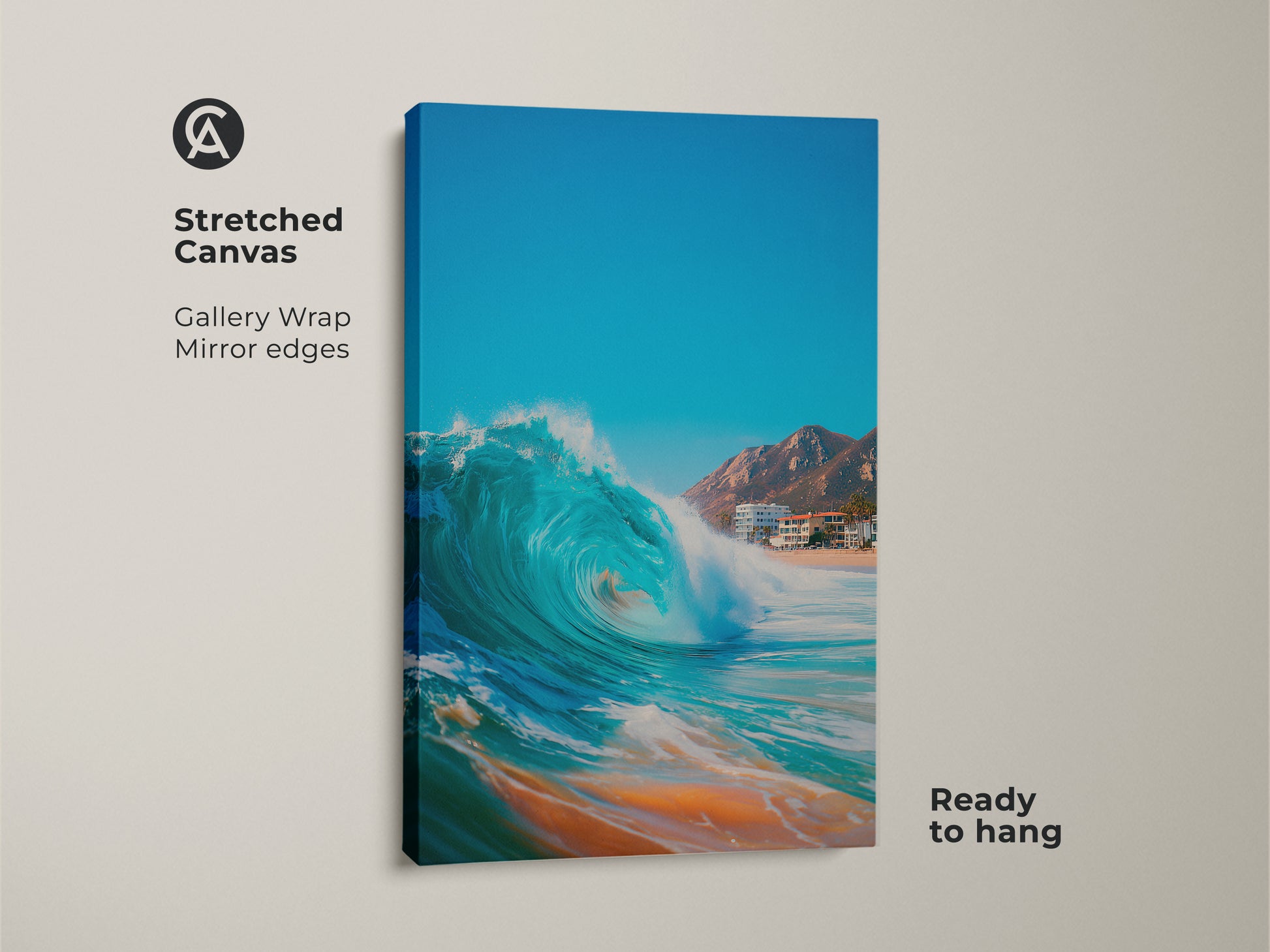 Stretched canvas art of an ocean wave. Gallery wrapped canvas with mirrored edges. The blue wave art is ready to hang. A beautiful beach scene on canvas wall art.