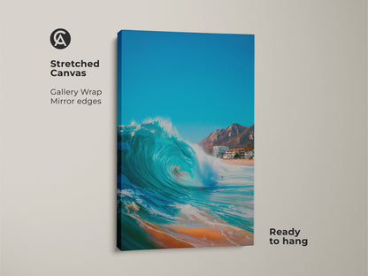 Stretched canvas art of an ocean wave. Gallery wrapped canvas with mirrored edges. The blue wave art is ready to hang. A beautiful beach scene on canvas wall art.