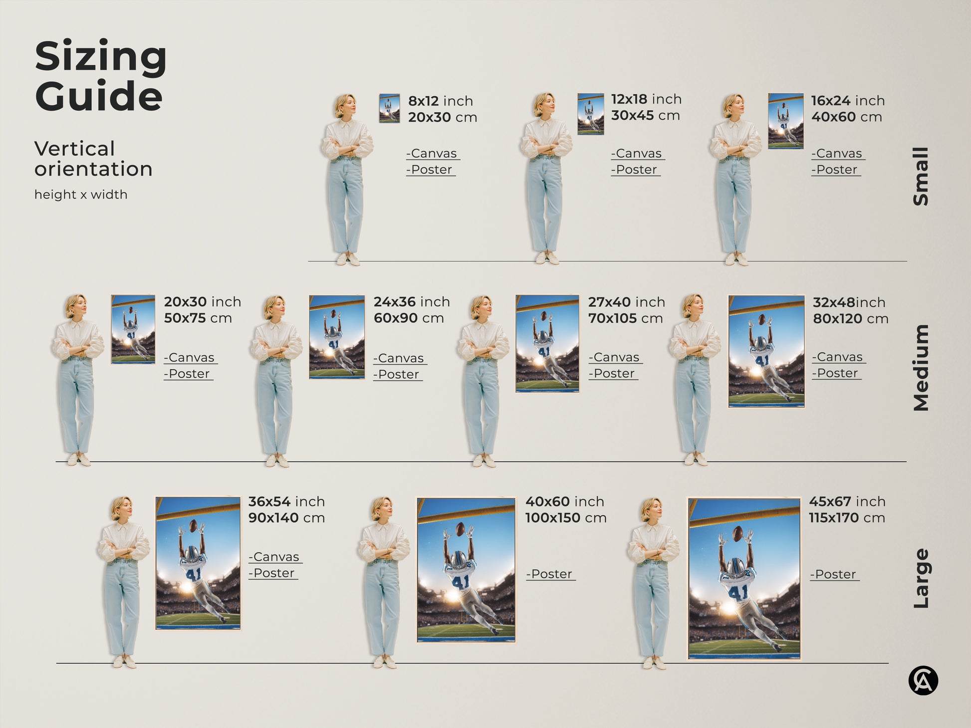 Discover the perfect size with this canvas and poster sizing guide. Visualize how this football catch artwork fits in your space. Available in various sizes for any room.
