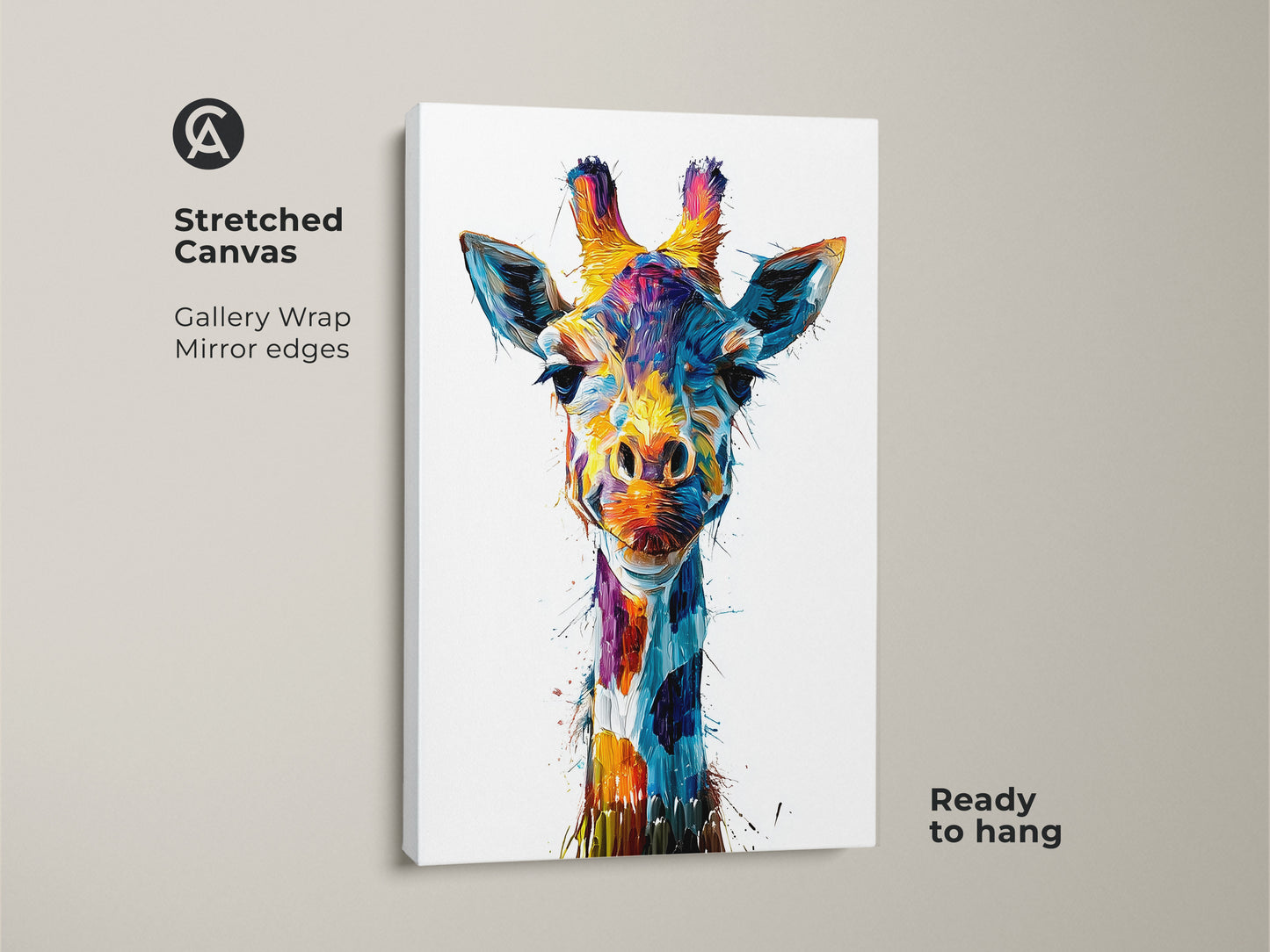 Close-up of a stretched canvas abstract giraffe print. The gallery wrap showcases mirror edges. This colorful animal wall art is ready to hang. It's an ideal eclectic wildlife artwork for adding a modern touch. Perfect as a vibrant home decor gift.