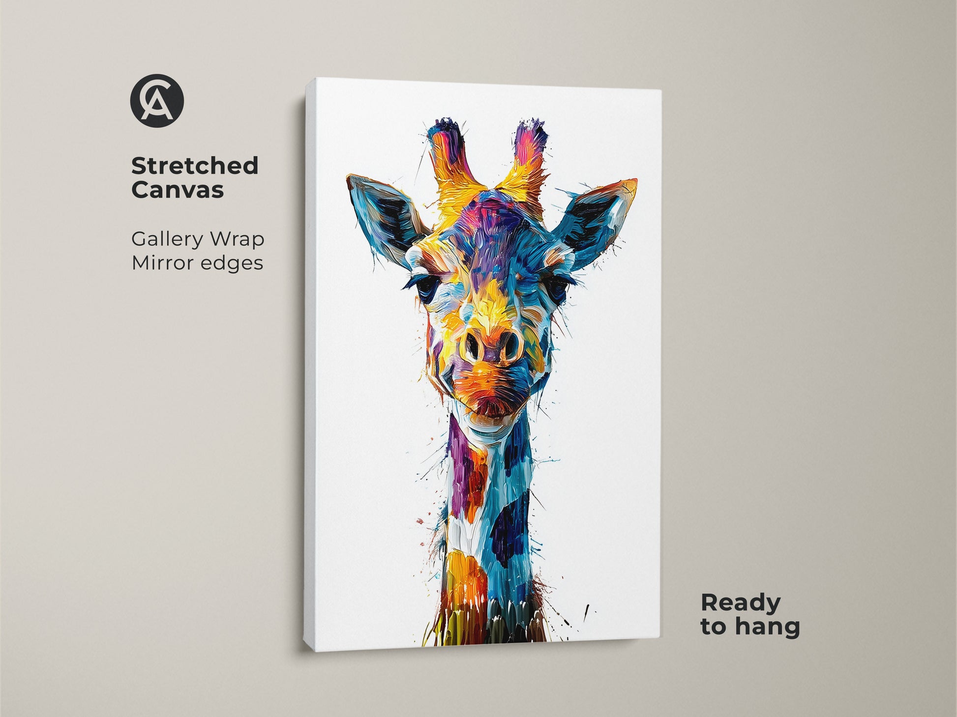 Close-up of a stretched canvas abstract giraffe print. The gallery wrap showcases mirror edges. This colorful animal wall art is ready to hang. It's an ideal eclectic wildlife artwork for adding a modern touch. Perfect as a vibrant home decor gift.