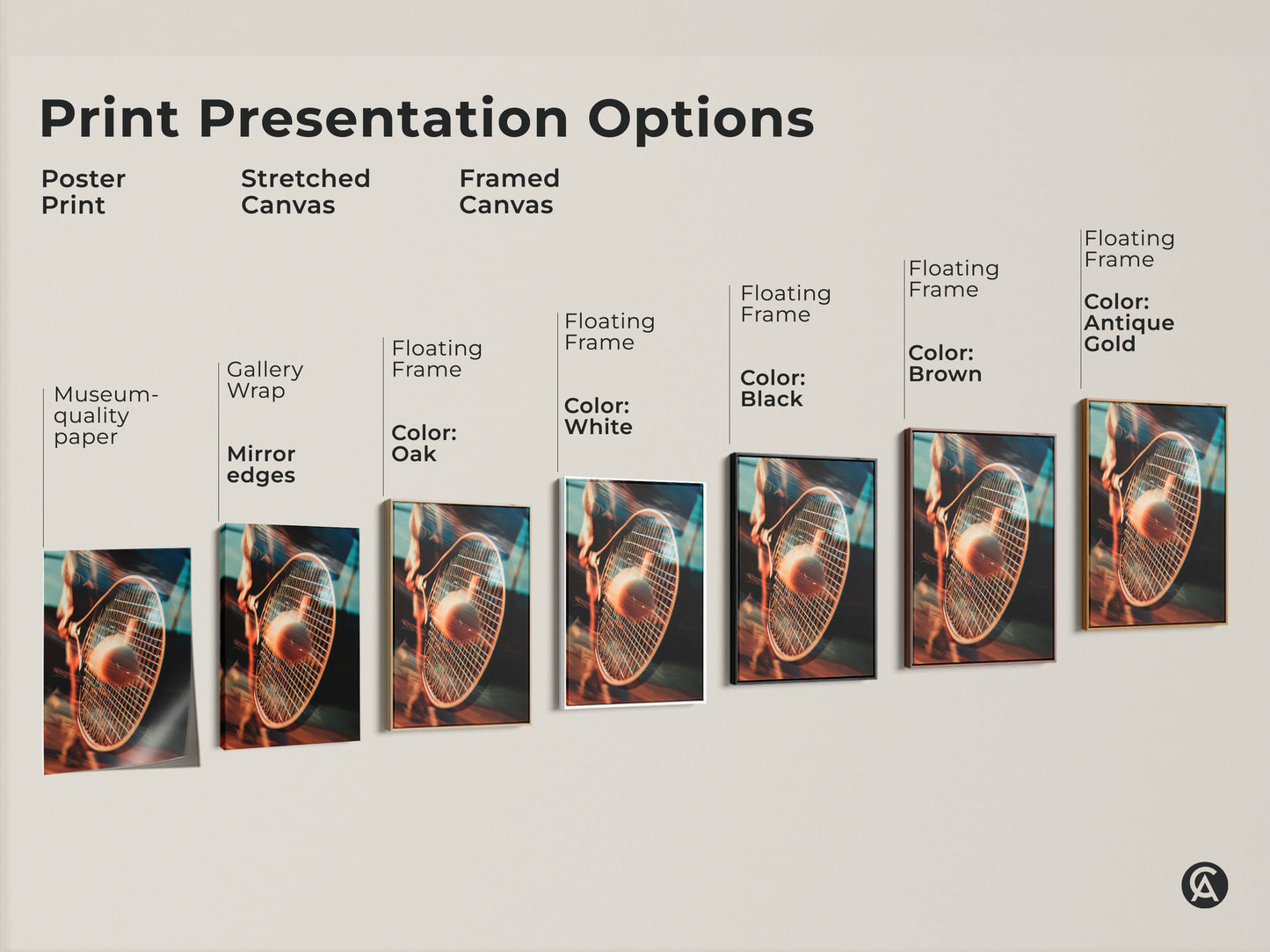Explore print presentation options for tennis racket and ball artwork. Choose from poster prints stretched canvas and framed canvas. Find the perfect style to match your decor preferences.
