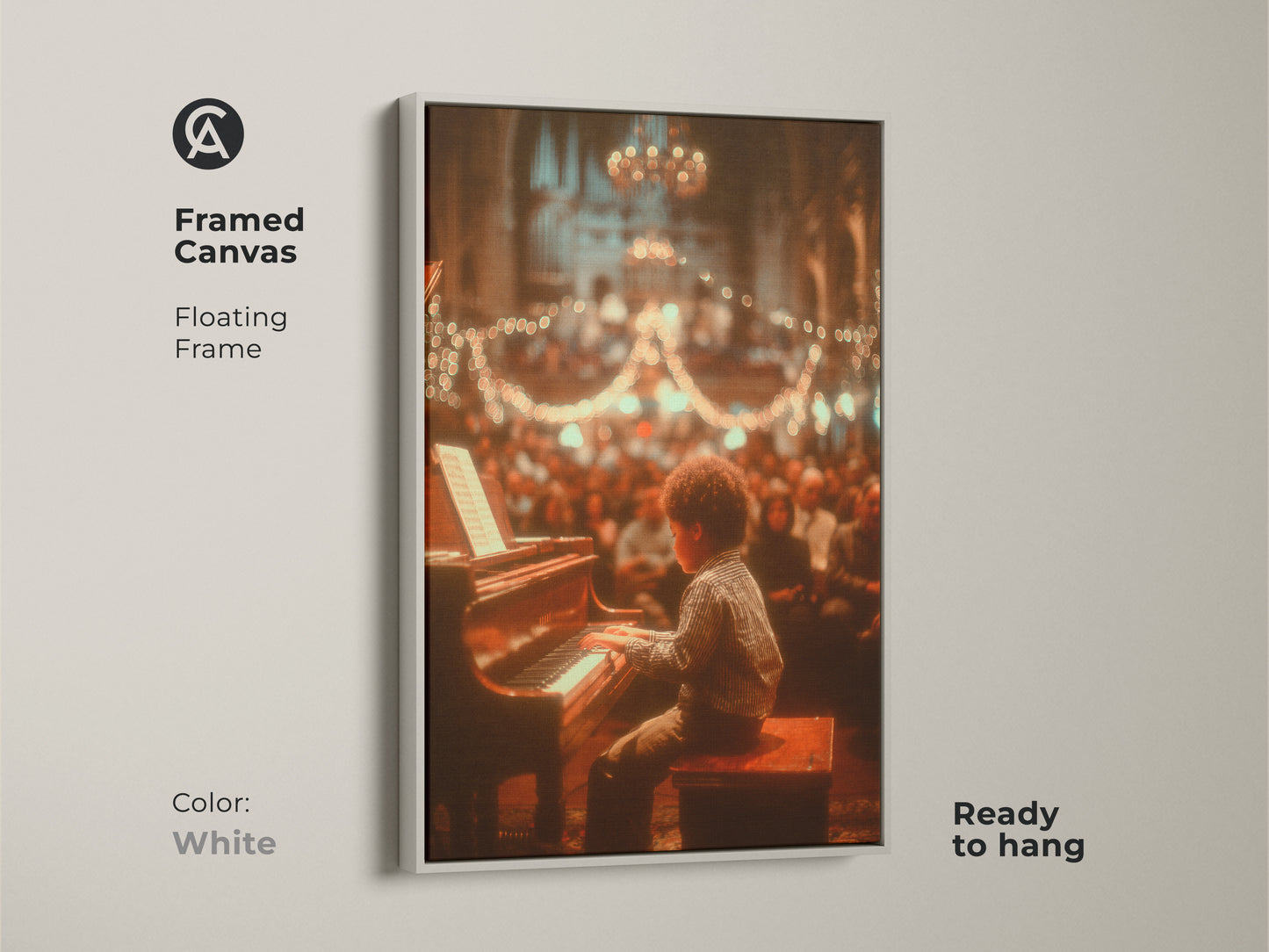 This framed canvas features a floating frame in white. The artwork shows a young boy playing piano. The art is ready to hang. It offers a clean and modern look. Perfect for contemporary interiors.
