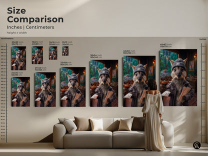 See the size comparison of the Kangaroo Postman Art in inches and centimeters. The artwork is displayed in various sizes above a sofa. The whimsical animal art is a great eclectic home decor print study office wall art and animal lover gift.