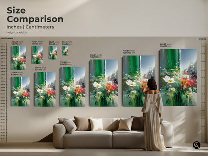 Size comparison of this botanical wall art. See how the canvas print fits above a couch. The impressionistic daisy artwork is available in various sizes. From small to large. Find the perfect fit for your eclectic home decor.